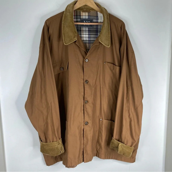 Vintage Chore Coat 90s Brown Canvas Plaid Flannel Lined Corduroy Trim Fisherman - Picture 2 of 15